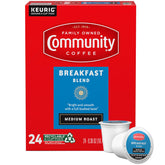 Community Coffee vista frontal del paquete mostrando 24 cápsulas y marca