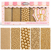 Confect envase frontal con sprinkles oro champán, acabado festivo