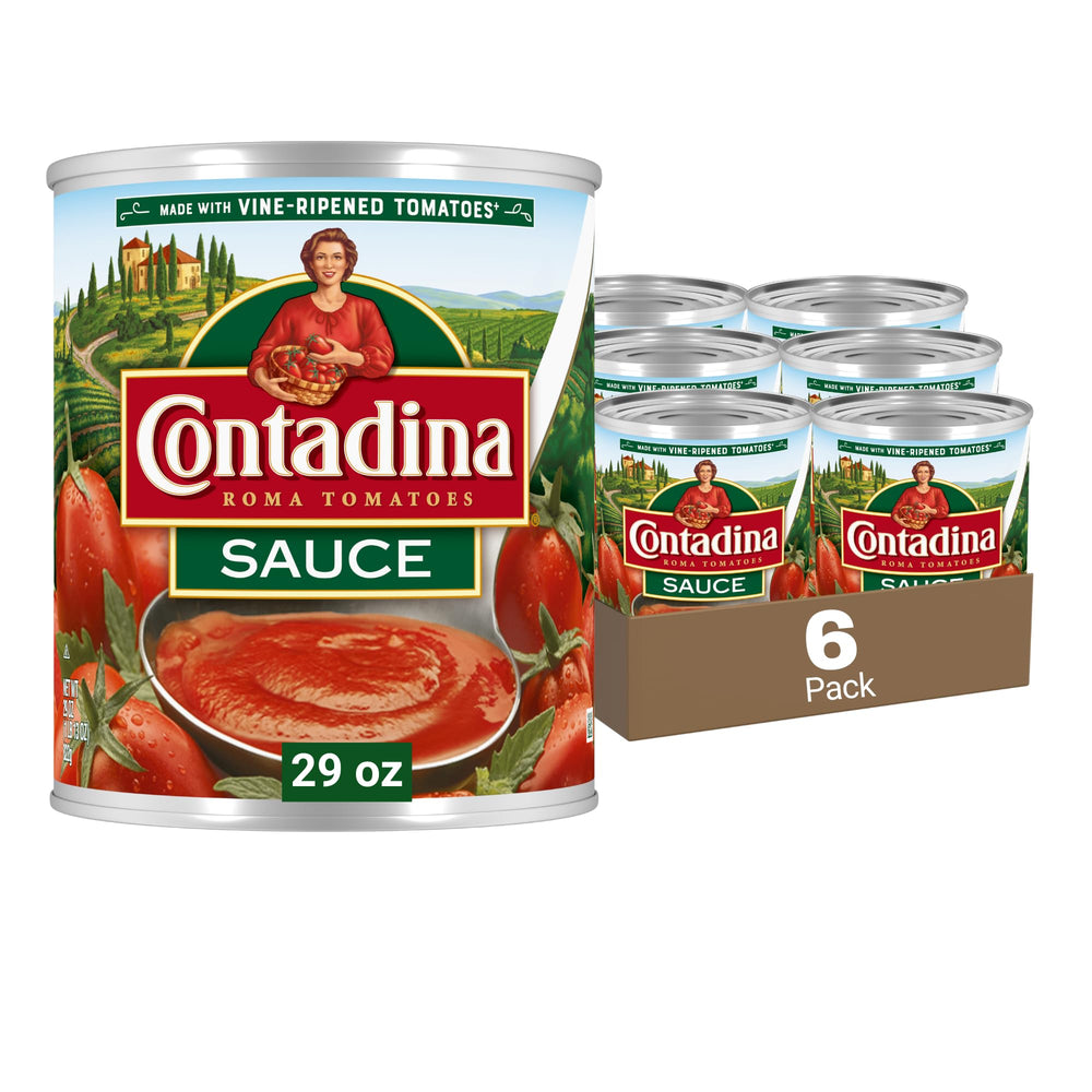 Contadina frente del empaque mostrando lata de 29 oz y facilidad de almacenamiento