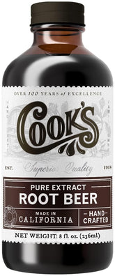 COOK'S botella frontal mostrando extracto de root beer, fácil dosificación