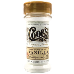 Cook's envase frontal de vainilla en polvo mostrando tamaño y diseño, ideal para repostería