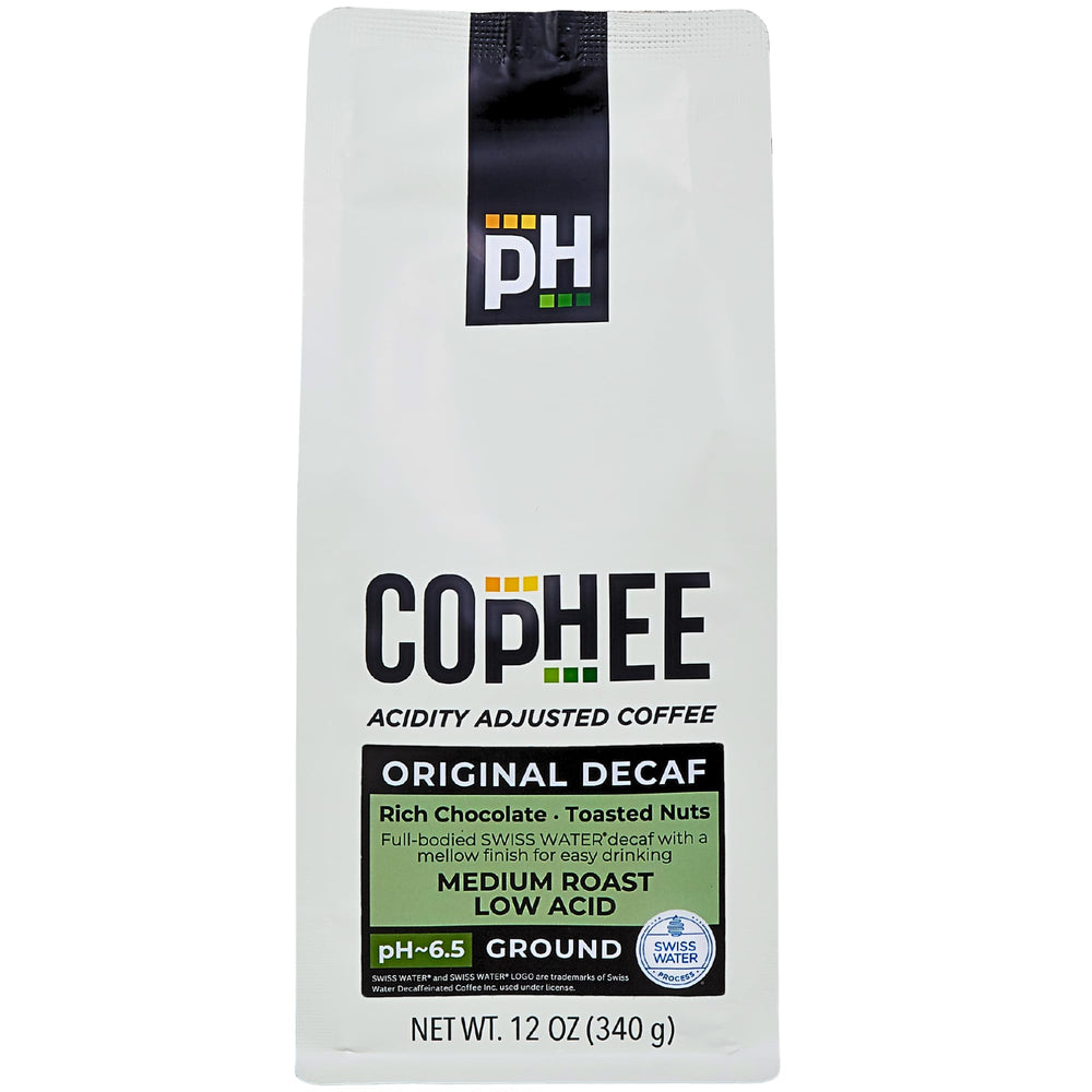 COpHEE bolsa frontal Low Acid Decaf mostrando pH y beneficios digestivos