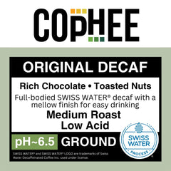 COpHEE etiqueta con pH impreso y sellos Non-GMO y SWISS WATER claros