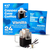 Copper Cow Coffee empaque frontal mostrando 24 monodosis y beneficios prácticos