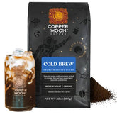 Copper Moon vista frontal del paquete mostrando 32 oz y beneficios cold brew