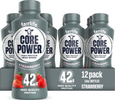 Core Power botella frente mostrando diseño y sabor fresa beneficios para recuperación