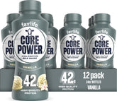 Core Power frontal de la botella mostrando etiqueta y sabor vainilla, conveniencia inmediata