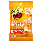 Corn Nuts frente del empaque mostrando 3 oz y sabor Movie Theater Butter, atractivo visual