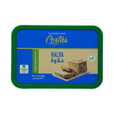 Cortas halva frente del envase mostrando marca y pistachos, atractivo visual