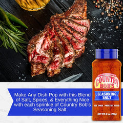 Country Bob's sazonando carne a la parrilla para potenciar sabor consistente
