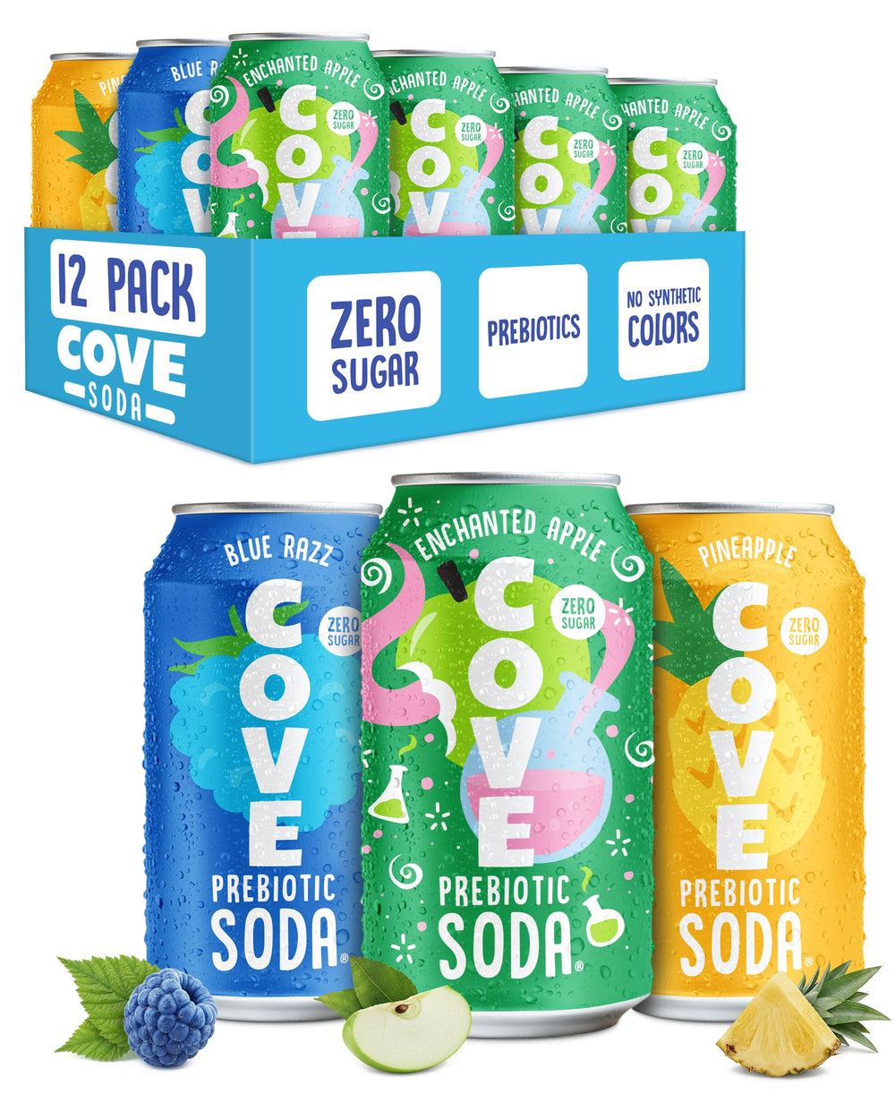 Cove Soda vista frontal del pack de 12, conveniencia y variedad