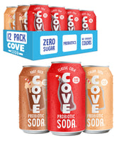 Cove Soda imagen frontal del paquete de 12 latas que muestra sabores y diseño