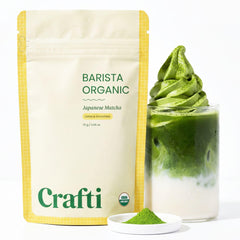 crafti matcha envase frontal mostrando marca y sellos, garantía de origen