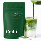 Crafti envase frontal de matcha 75g mostrando sello orgánico y beneficios