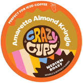 Crazy Cups empaque frontal mostrando sabor Amaretto Almond Kringle y atractivo visual