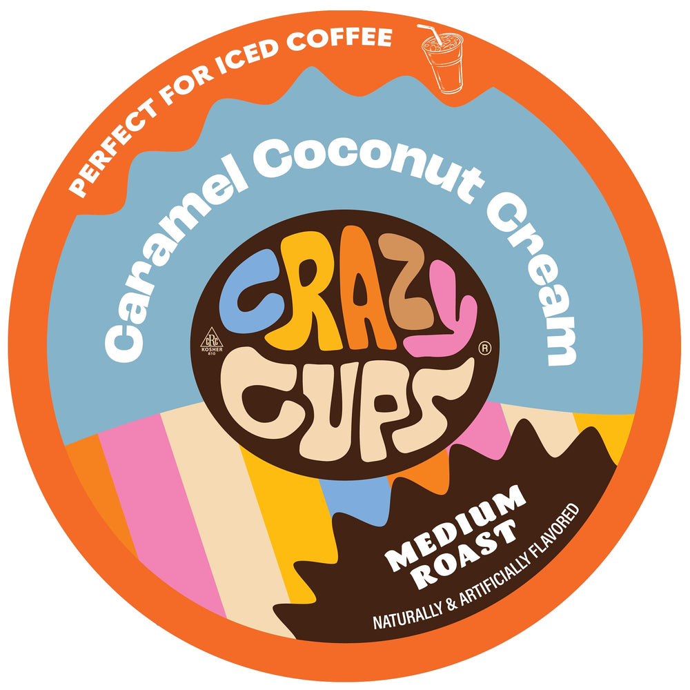 Crazy Cups cápsula frontal mostrando el logotipo y sabor coco caramelo para conveniencia