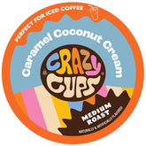 Crazy Cups cápsula frontal mostrando el logotipo y sabor coco caramelo para conveniencia