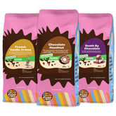 Crazy Cups frontal del empaque variedad mostrando tres bolsas y etiquetas claras