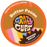 Crazy Cups empaque frontal mostrando 22 cápsulas y sabor butter pecan