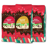 Crazy Cups frente del paquete variedad navideña, muestra las tres bolsas y diseño festivo