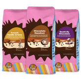Crazy Cups frontal del pack variedad 3 bolsas, muestra sabores y beneficios