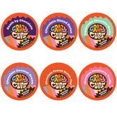 Crazy Cups frontal del paquete mostrando las seis variedades y beneficios reciclables