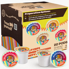 Crazy Cups frente del empaque mostrando los 4 sabores y 20 cápsulas, preparación práctica