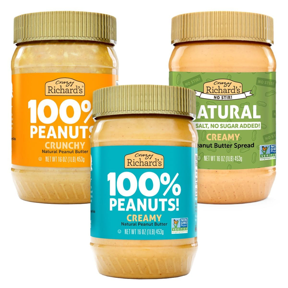 Crazy Richard's frasco frontal que muestra etiqueta y beneficio natural