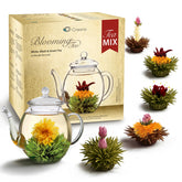 Creano vista frontal del set abierto mostrando tetera y flores de té, ideal para regalo