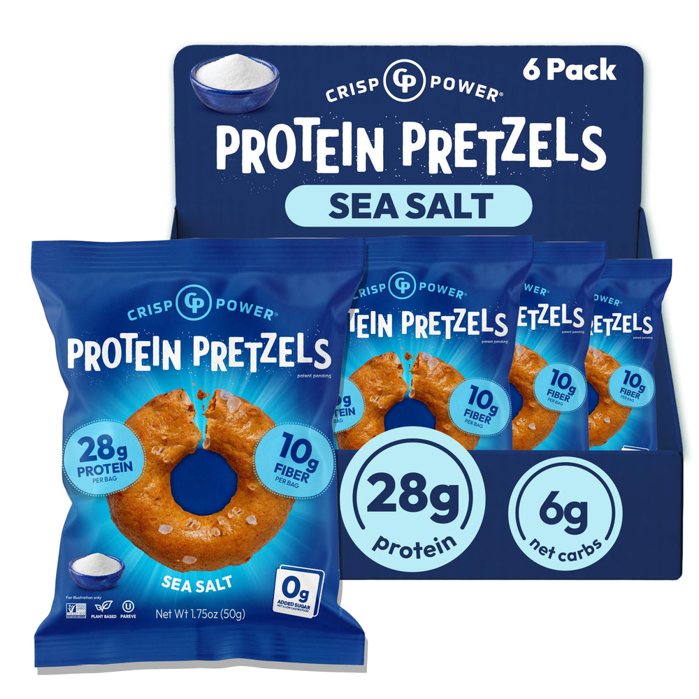 CRISP POWER frente del empaque mostrando 6 pack y beneficio de proteína