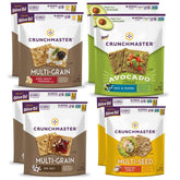 Crunchmaster frente del empaque mostrando las ocho cajas y variedad
