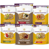 Crunchmaster paquete surtido frontal mostrando las seis bolsas y variedad