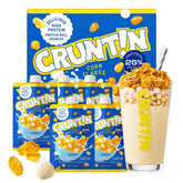 CRUNTIN frente del empaque mostrando cinco sobres y beneficios