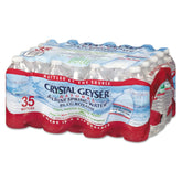Crystal Geyser frente del paquete mostrando 35 botellas y conveniencia de reposición