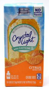 Crystal Light frente del empaque mostrando paquete de 10 sobres, conveniente y portátil