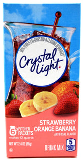 Crystal Light frente del empaque mostrando sabores y cantidad, visual claro del producto