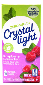 Crystal Light empaque frontal mostrando sabor frambuesa y té verde, práctico para llevar