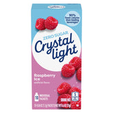 Crystal Light empaque frontal Raspberry Ice muestra sabor frambuesa y conveniencia