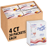 CRYSTAL LIGHT empaque frontal Fruit Punch mostrando 4 cajas y 120 sobres, conveniencia inmediata