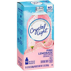 Crystal Light sobre junto a botella de 16 oz para comparar tamaño y raciones