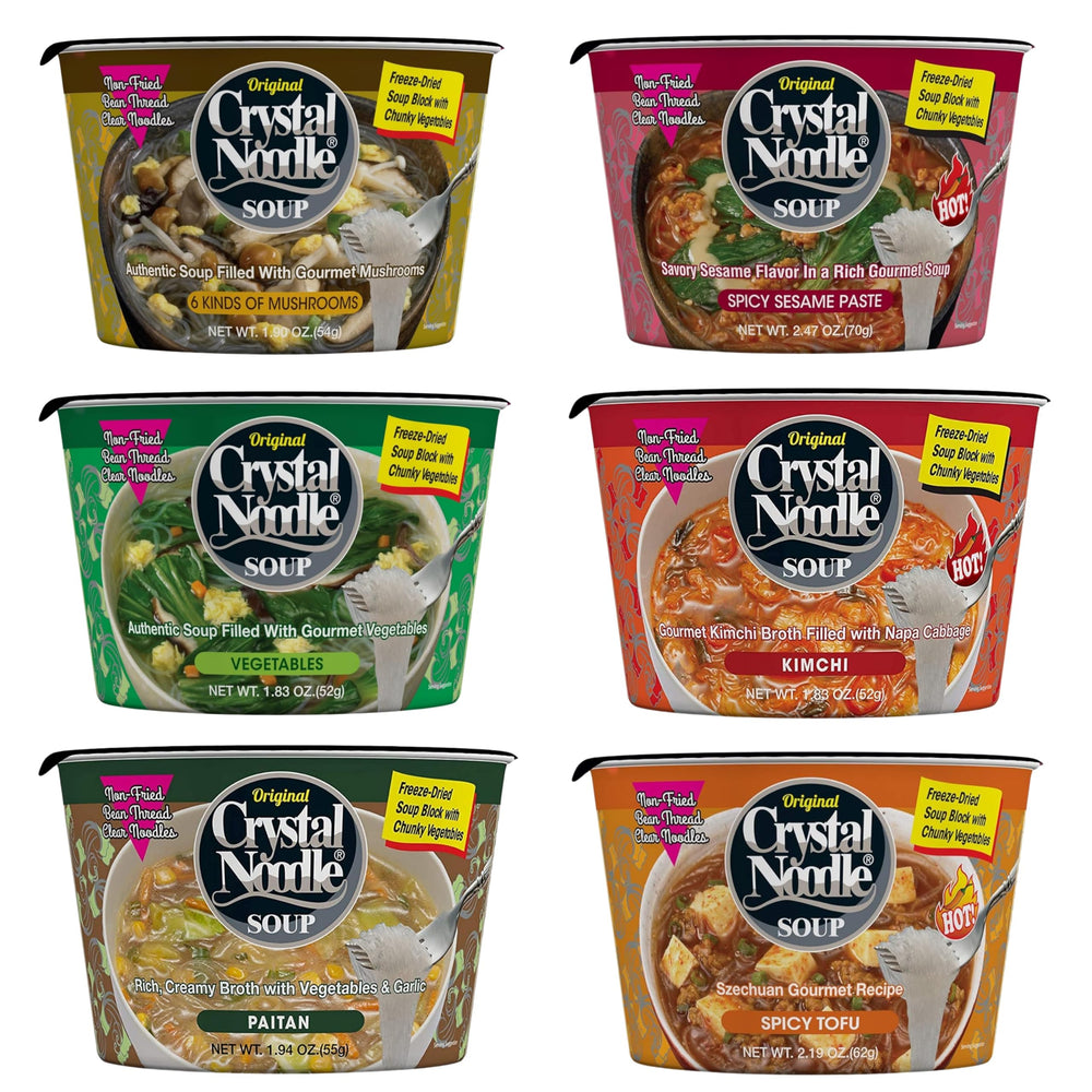 Crystal Noodle pack frontal mostrando las seis tazas, conveniencia inmediata