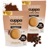 Cuppa Healthy Coffee vista frontal del envase con diseño claro y enfoque fácil