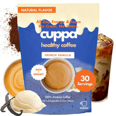 Cuppa Healthy Coffee envase frontal mostrando sabor vainilla y beneficios funcionales