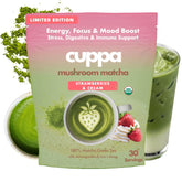 Cuppa front packaging mostrando envase y marca con sabor fresa y cream, atractiva presentación