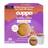 Cuppa Healthy Coffee frontal del paquete mostrando sabor caramelo salado y beneficios funcionales