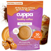 Cuppa Healthy Coffee empaque frontal mostrando diseño y 30 servicios, comunicación clara