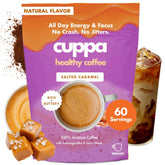 Cuppa Healthy Coffee envase frontal mostrando sabor caramelo salado y beneficios funcionales