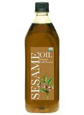 Daana frasco frontal de aceite de sésamo orgánico mostrando color intenso y pureza