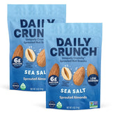 Daily Crunch empaque frontal mostrando almendras germinadas y sal marina, ideal para snacks saludables