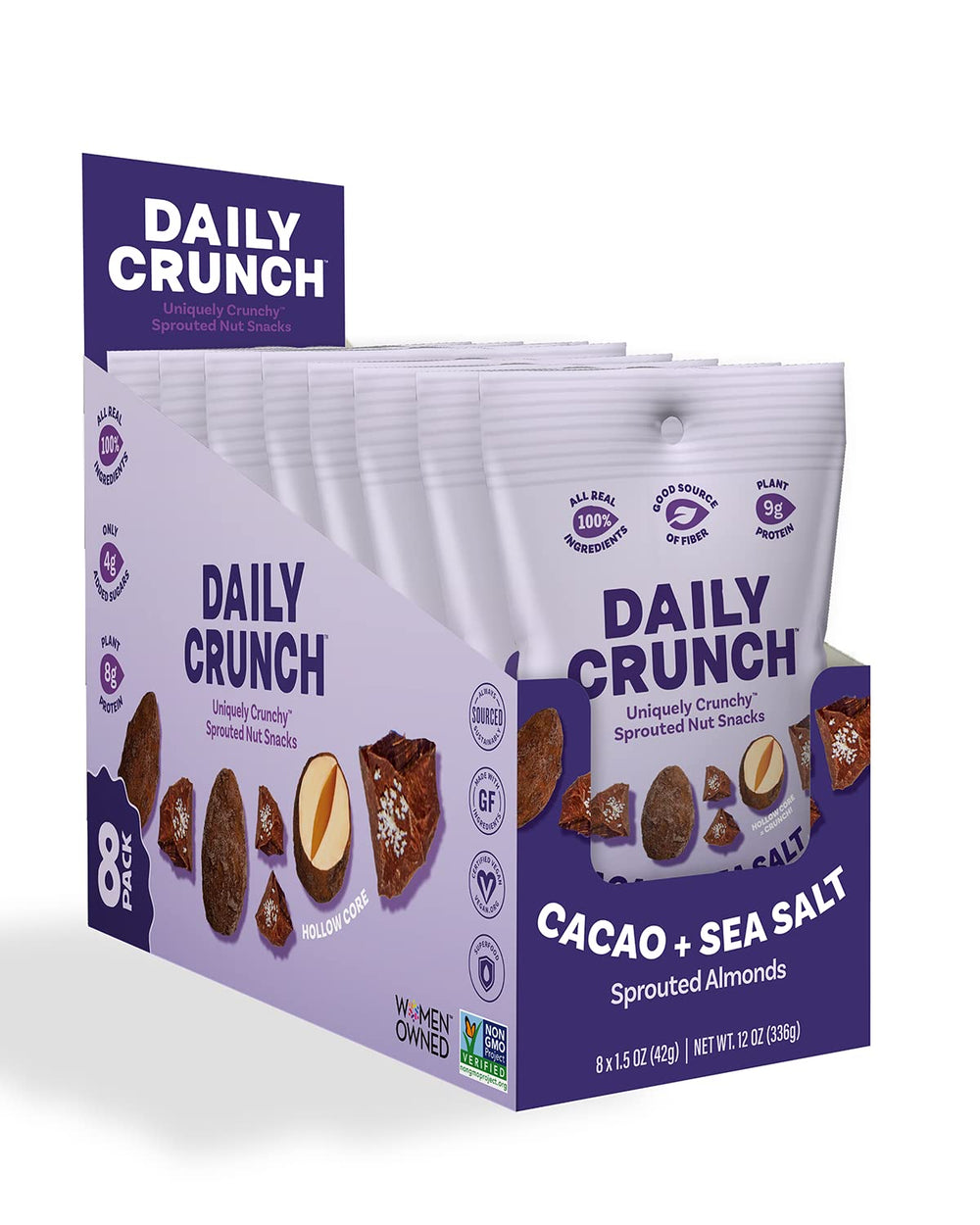 Daily Crunch paquete frontal mostrando bolsas individuales, práctico para llevar